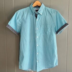 English Laundry Short Sleeve‎ Button Down Shirt Small Aqua Geometric Print